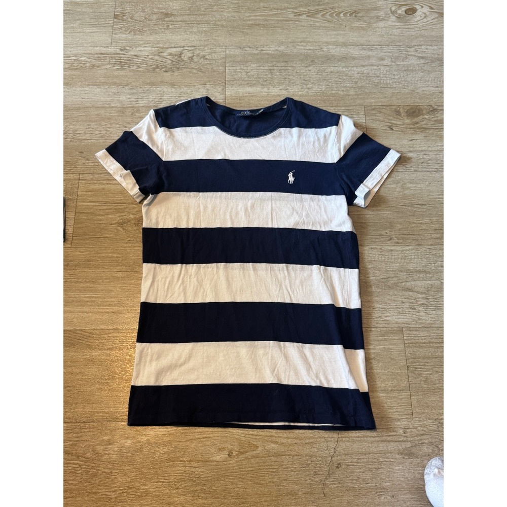 Polo Ralph Lauren Navy Blue White Striped Short Sleeve T-Shirt Size M Pony Logo